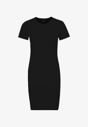 Schwarzes, geripptes Bodycon-Kleid mit kurzen Ärmeln und rundem Ausschnitt. Es hat eine figurbetonte Silhouette und eine glatte Textur.