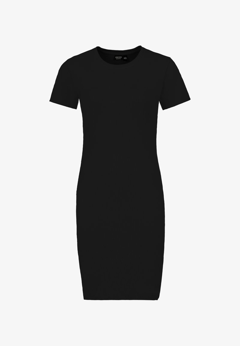 Black ribbed bodycon dress with short sleeves and a round neckline, featuring a fitted silhouette and smooth texture.