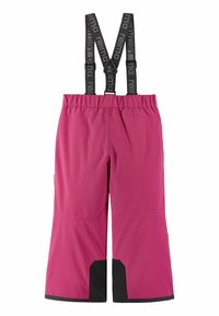 Rosa wasserdichte Schneehosen mit verstellbaren schwarzen Trägern, elastischem Taillenbund und verstärkten schwarzen Patches an den Knöcheln für zusätzliche Strapazierfähigkeit.