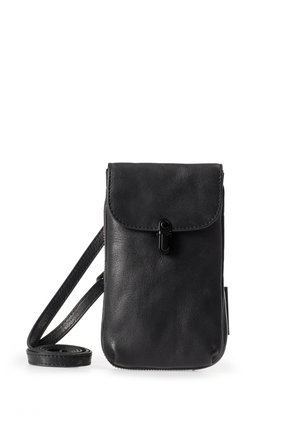 Black leather bag with a front flap, zip closure, and adjustable strap. Smooth texture, compact rectangular shape, subtle stitching detail.