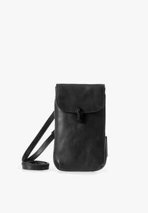 Black leather bag with a front flap, zip closure, and adjustable strap. Smooth texture, compact rectangular shape, subtle stitching detail.