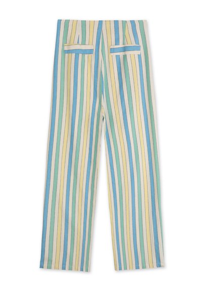 Gestreepte broek met horizontale strepen in lichtgroen, blauw en geel. Gemaakt van een stof met een gladde textuur en twee achterzakken.
