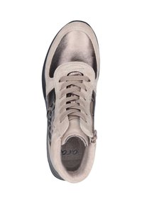 Beige suede high-top sneaker with metallic bronze accents, round toe, laced front, side zipper, and textured design on the upper.