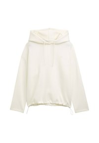 Sudadera de manga larga color blanco roto con cordones en la capucha y dobladillo elástico ajustable, diseño sencillo con un discreto logo frontal.