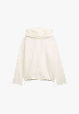 Off-white dolgimi rokavi hooded sweatshirt s vrvico na kapuci in nastavljivim elastičnim robom, enostaven dizajn s subtilnim logotipom spredaj.