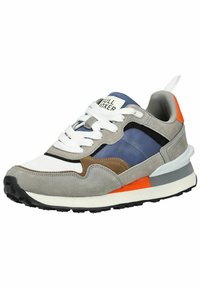 Heren sneaker met een bovenwerk van grijs suède en mesh, blauwe accenten, bruine overlays, witte veters en een zwarte rubberen zool. Heeft een oranje hieldetail.