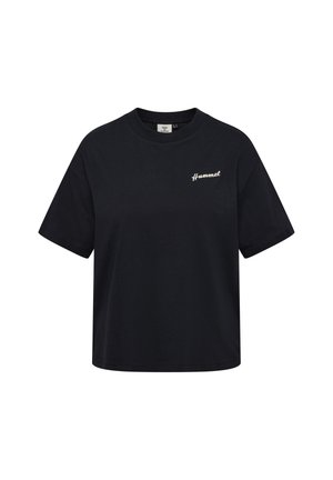 Zwart T-shirt met korte mouwen en ronde hals met klein wit "Hummel"-logo aan de linkerkant van de borst.