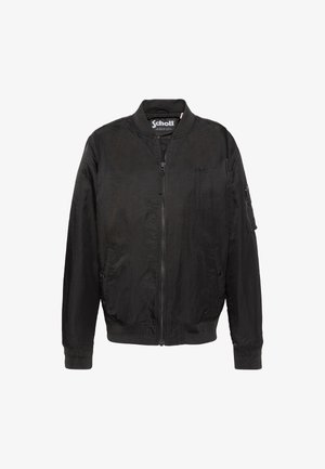 Zwarte bomberjack met ritssluiting aan de voorkant, geribbelde boorden en zoom, twee steekzakken aan de voorkant, een zak met rits op de mouw en een klein geborduurd logo op de borst.
