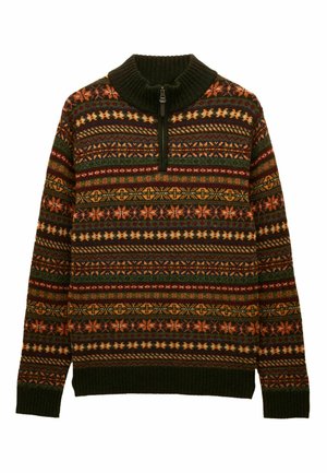 Knitted pullover with a high collar, featuring multicolored geometric patterns on a dark green background. Zipper detail at neckline.