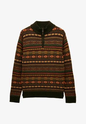 Knitted pullover with a high collar, featuring multicolored geometric patterns on a dark green background. Zipper detail at neckline.