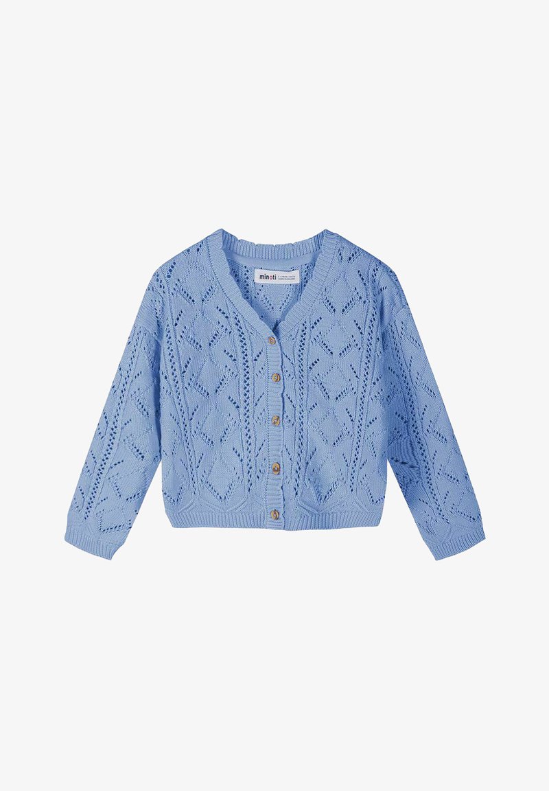 Cardigan tricoté bleu clair avec manches longues, boutonnage avant et motif ajouré en losanges.