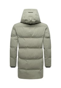 Helle graue Daunenjacke mit Kapuze, gefertigt aus einem gesteppten Design, mit elastischen Bündchen und einem Rückenschlitz für Belüftung. Glattes, strukturiertes Material.