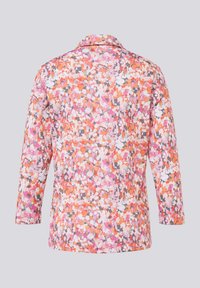Langarmshirt mit einem lebhaften, mehrfarbigen abstrakten Muster in pink, orange und grauen Tönen. Weicher Stoff und entspanntes Schnittdesign.
