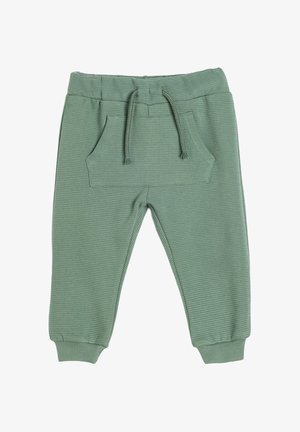 Grønne ribbede sweatpants med elastisk talje og snøre. Har sidelommer og tapered manchetter ved anklerne.