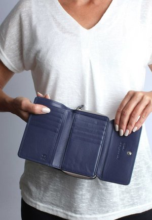 Navy leather wallet with multiple card slots, a zippered compartment, and RFID blocking feature. Smooth texture and button closure.