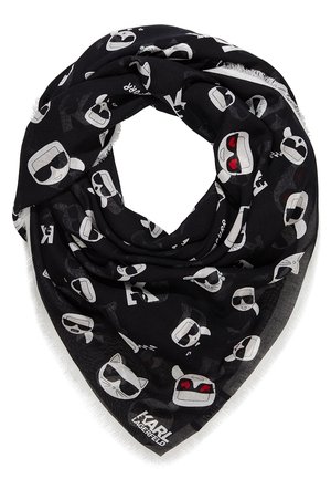 Czarny szalik z białymi i czerwonymi kreskówkowymi twarzami w okularach przeciwsłonecznych oraz tekstem "KARL LAGERFELD" w rogu.