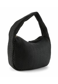 Sac épaule noir tressé de forme arrondie, avec une finition texturée, une seule sangle et des accents subtils de quincaillerie dorée.