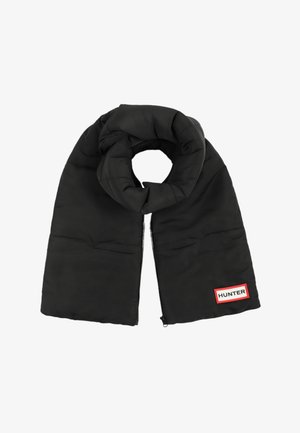 Écharpe noire matelassée avec une fermeture éclair visible et une étiquette rectangulaire rouge et blanche portant l'inscription "HUNTER" à une extrémité.
