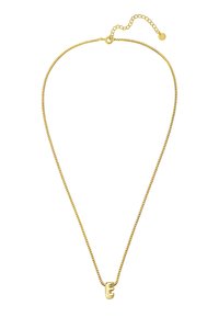 Kultaketju, jossa on sileä, tyylitelty 'E' -kirjainriipus, hienovaraista tekstuuria ja säädettävä lukko eri pitkille pituuksille.