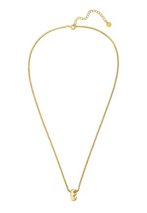 Goldkette mit einem glatten, stilisierten Anhänger in Form des Buchstabens 'E', mit einer zarten Textur und einem verstellbaren Verschluss für unterschiedliche Längen.