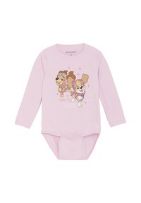 Hellrosa Langarmbodysuit mit Cartoon-Hundegestalten und dem Text "BEREIT ZUM SPIELEN". Aus weichem Stoff mit Druckknopfverschluss gefertigt.