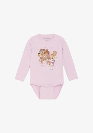 Jasnoróżowy bodysuit z longsleeve z postaciami kreskówek psów i napisem "GOTOWY DO ZABAWY". Wykonany z miękkiego materiału z zapięciem na napy.