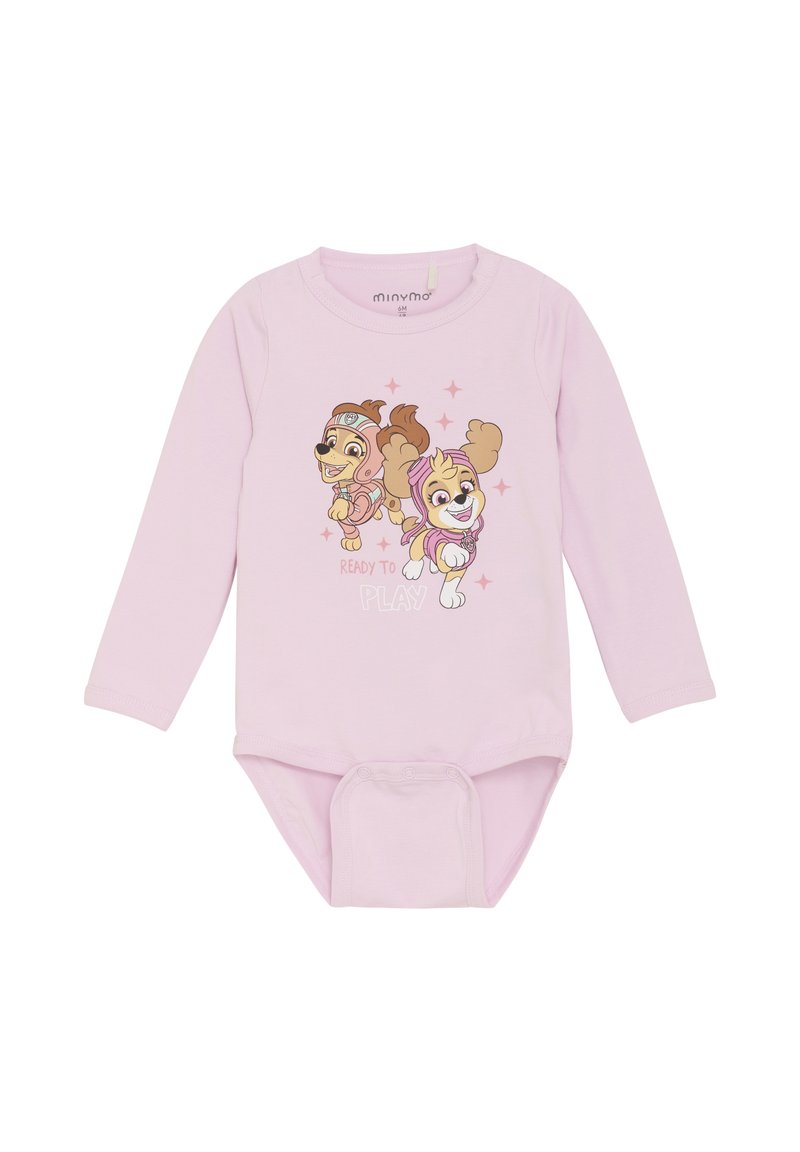 Hellrosa Langarmbodysuit mit Cartoon-Hundegestalten und dem Text "BEREIT ZUM SPIELEN". Aus weichem Stoff mit Druckknopfverschluss gefertigt.