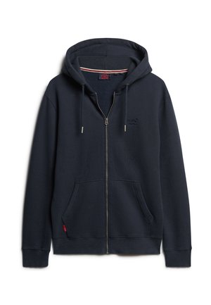 Hoodie zippé marine en tissu doux, avec une capuche, des poches avant et une bordure intérieure contrastée avec un logo sur la poitrine.