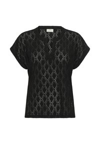 Black short-sleeve top with a textured diamond pattern, featuring a round neckline and a slight opening at the front. Soft, lightweight fabric.