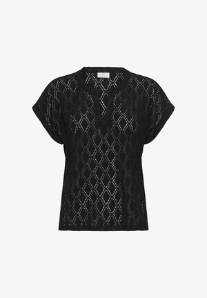 Black short-sleeve top with a textured diamond pattern, featuring a round neckline and a slight opening at the front. Soft, lightweight fabric.