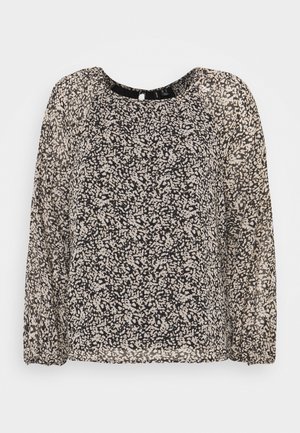 Blusa negra con patrón floral abstracto beige, cuello redondo y mangas largas abullonadas transparentes con puños elásticos.