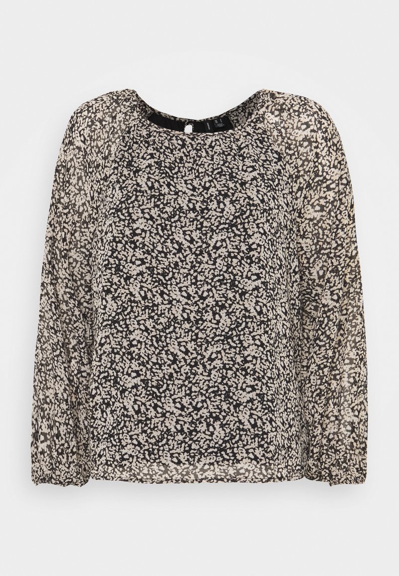 Blouse noire avec un motif floral abstrait beige, encolure ronde et longues manches bouffantes transparentes avec poignets élastiques.