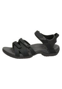 Svart sandal med flera justerbara remmar, en vadderad fotbädd och en texturerad gummisula för grepp och hållbarhet.