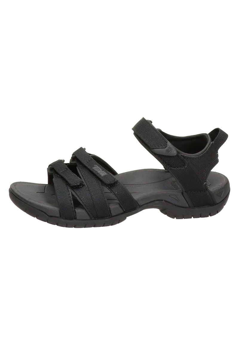 Svart sandal med flera justerbara remmar, en vadderad fotbädd och en texturerad gummisula för grepp och hållbarhet.