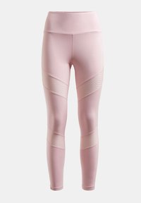 Leggings de color rosa claro con una cintura alta, que presentan paneles de malla texturizada en diagonal en los laterales y un diseño suave y ajustado.