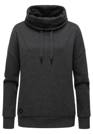 Dark gray sweatshirt with a cowl neck, drawstrings, long sleeves, and a textured fabric. Features a logo patch at the bottom.