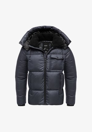 Marineblaue Daunenjacke mit abnehmbarem Kapuzen, Reißverschluss vorne und texturiertem Kragen. Verfügt über gepolsterte Paneele und zwei Fronttaschen. Der Stoff ist glänzend.