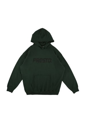 Zielona bluza z kapturem wykonana z miękkiego materiału, z dużym czarnym logo "PROSTO." z przodu, kangurzą kieszenią i regulowanym kapturem.