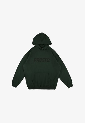 Zielona bluza z kapturem wykonana z miękkiego materiału, z dużym czarnym logo "PROSTO." z przodu, kangurzą kieszenią i regulowanym kapturem.