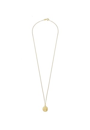 Goldfarbene Halskette mit einer dünnen Kette und einem runden Anhänger, der ein Design mit ausgewogenen Waagen zeigt. Die Kette hat einen Karabinerverschluss zur Sicherung.