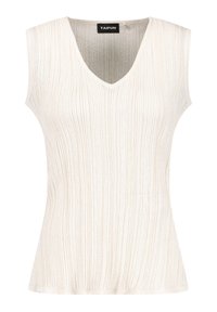 Beżowy bezrękawnik o ribbowym splocie z dekoltem w kształcie litery V i dopasowanym paskiem od marki Taifun.