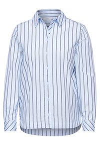Long-sleeve button-up shirt in light blue with narrow dark stripes. Features a classic collar, button front, and curved hem.
