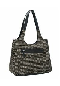 Sac fourre-tout tissé texturé noir et crème, de forme arrondie, avec des poignées en cuir noir et une poche zippée sur le devant.