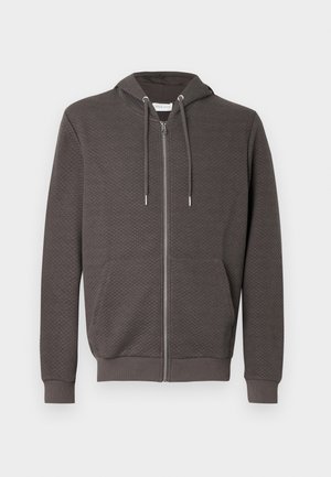 Dark gray zip-up hoodie made of textured fabric, featuring a front pocket and adjustable drawstrings on the hood.