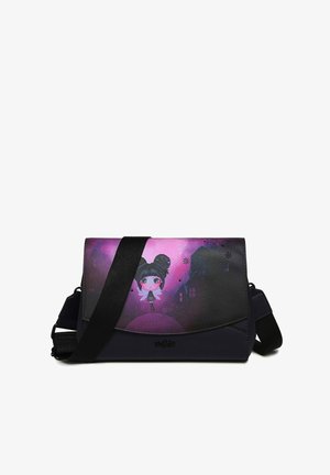 Crossbody bag with a colorful graphic design featuring a girl on a purple and black background. Made of synthetic material, includes a strap.