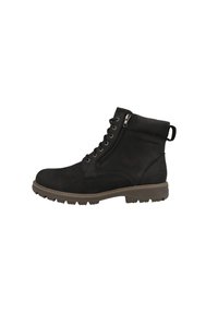 Botas de tobillo de cuero negro con una superficie texturizada, que cuentan con cordones en la parte delantera, cremallera lateral y una suela de goma con ranuras de tracción.