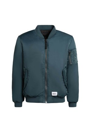 Teal bomber jacket with a zip closure, ribbed cuffs, and two side pockets. Features a patch pocket on the left sleeve. Smooth, shiny material.