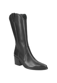 Botas de cuero negro hasta la rodilla con punta afilada, detalles de costura sutiles y un tacón cuadrado ligeramente elevado. Textura suave.