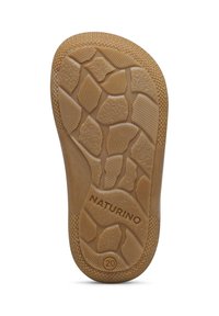 Suola in gomma marrone con grip multi-pattern texturizzato, dotata di tacco arrotondato e marchio "NATURINO" in rilievo. La taglia indicata è 20.