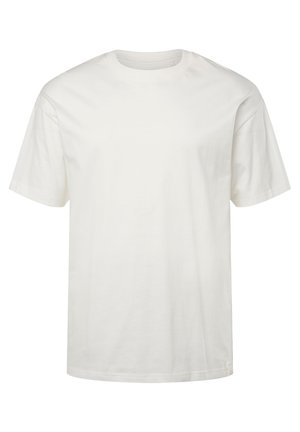 T-shirt in cotone bianco, maniche corte, collo rotondo, vestibilità ampia, texture liscia, senza motivi o grafiche, orlo dritto nella parte inferiore.